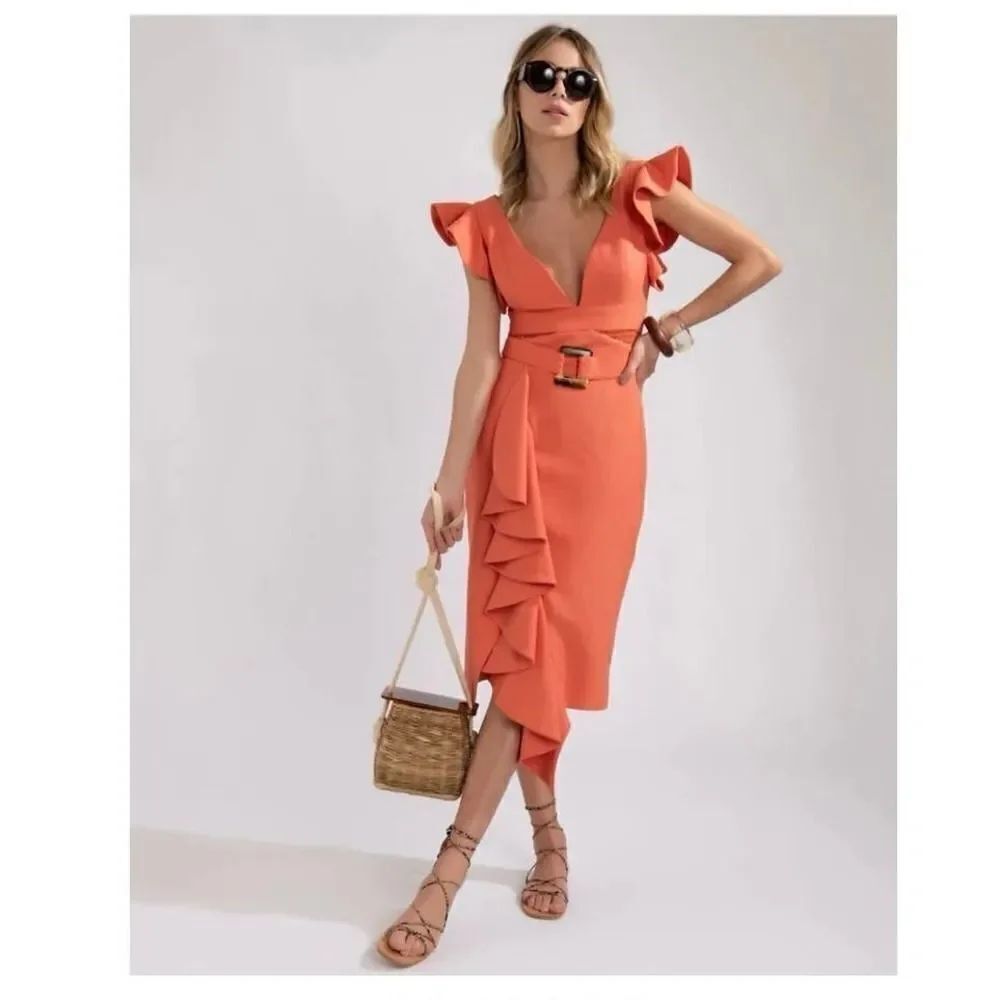 PatBO Belted Midi Dress Orange Sz 2 XS Ruffle Beach Wedding Guest Spring Summer